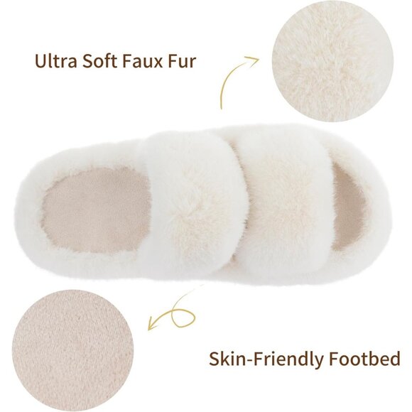 Women’s Cream Pluffie Arch Memory Foam Cozy Faux Fur Open Toe Slippers Shoes - Picture 5 of 6